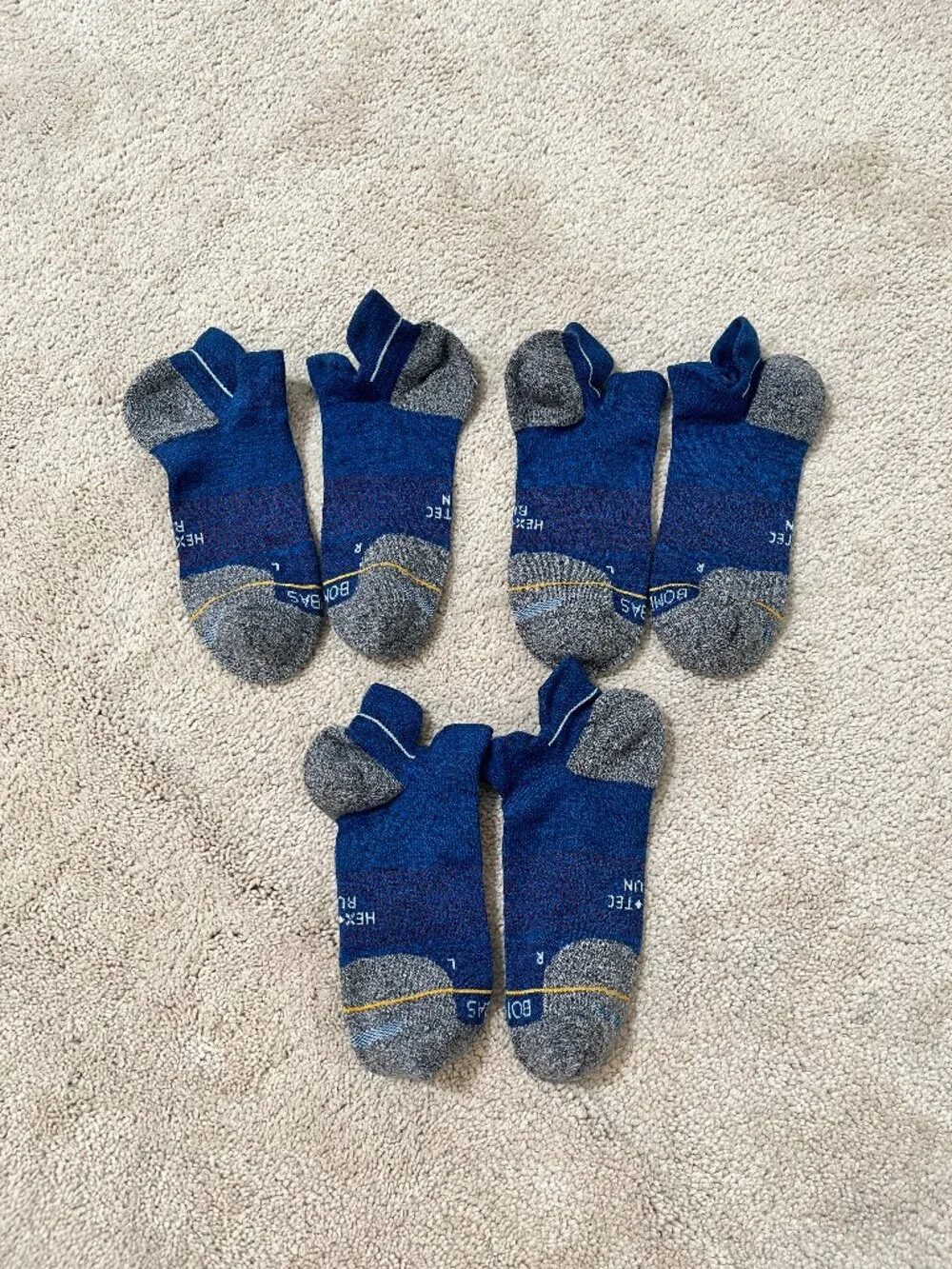 New 3 Pairs Bombas Merino Wool Hex Tec Run Athletic Ankle Socks Size Med M Blue